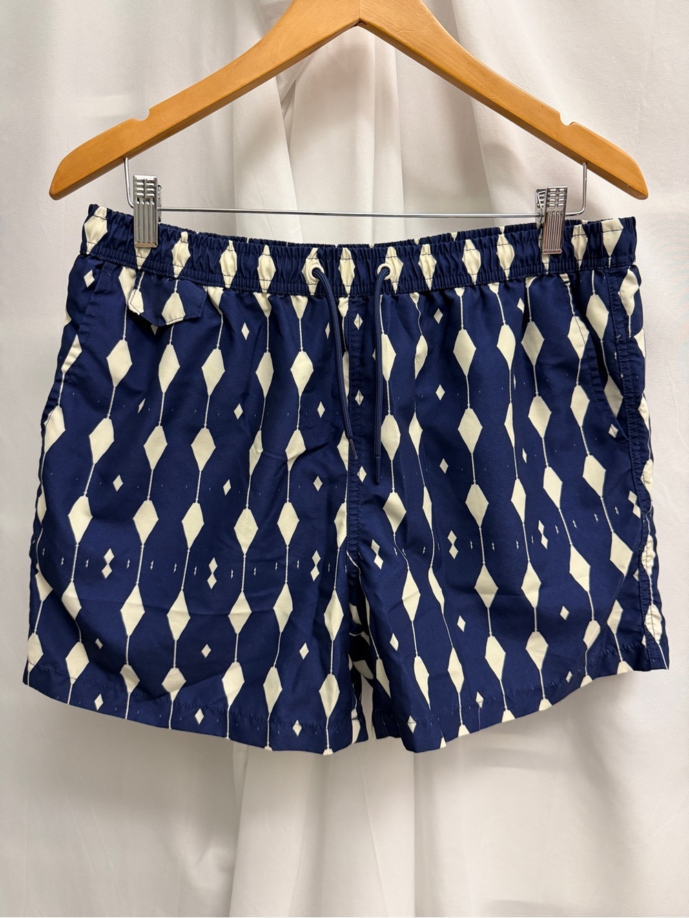 Zara Men’s Swim Trunks Navy Blue & White Geometric Diamond Print Mesh Lined Sz L